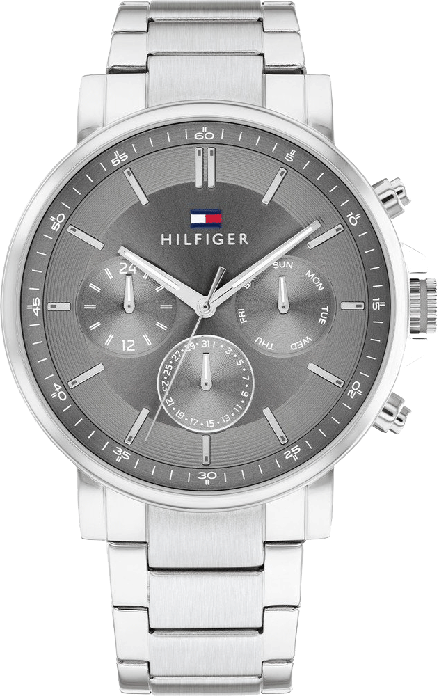 Tommy Hilfiger Tyson stainless steel chronograph watch with dark grey dial and silver bracelet