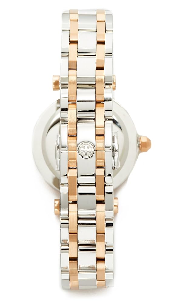 Back view of Tory Burch Classic T watch displaying case back and two-tone stainless steel bracelet
