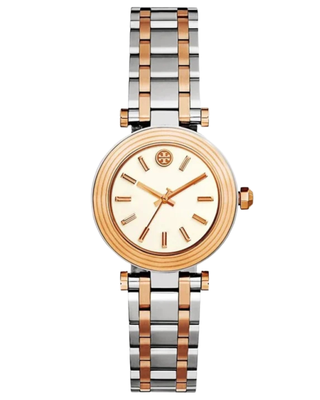 Tory Burch Classic T two-tone women's watch with rose gold and silver stainless steel bracelet and cream dial