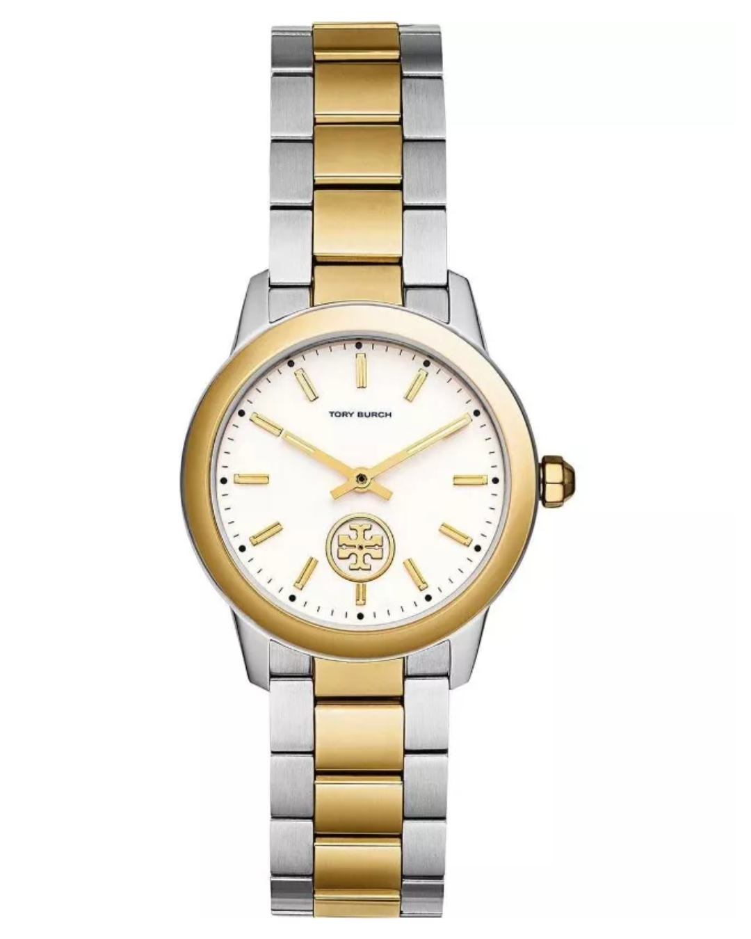 Tory Burch Collins Petite watch with yellow gold and stainless steel two-tone bracelet and white dial