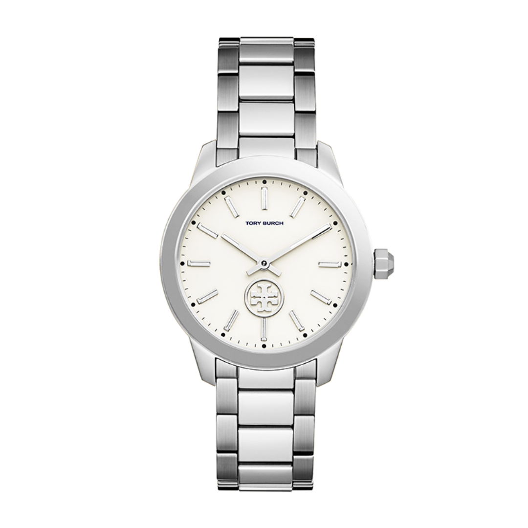 Tory Burch Collins silver stainless steel watch with white dial and link bracelet