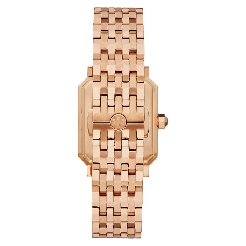 Side view of Tory Burch Robinson rose gold watch displaying rectangular case and link bracelet