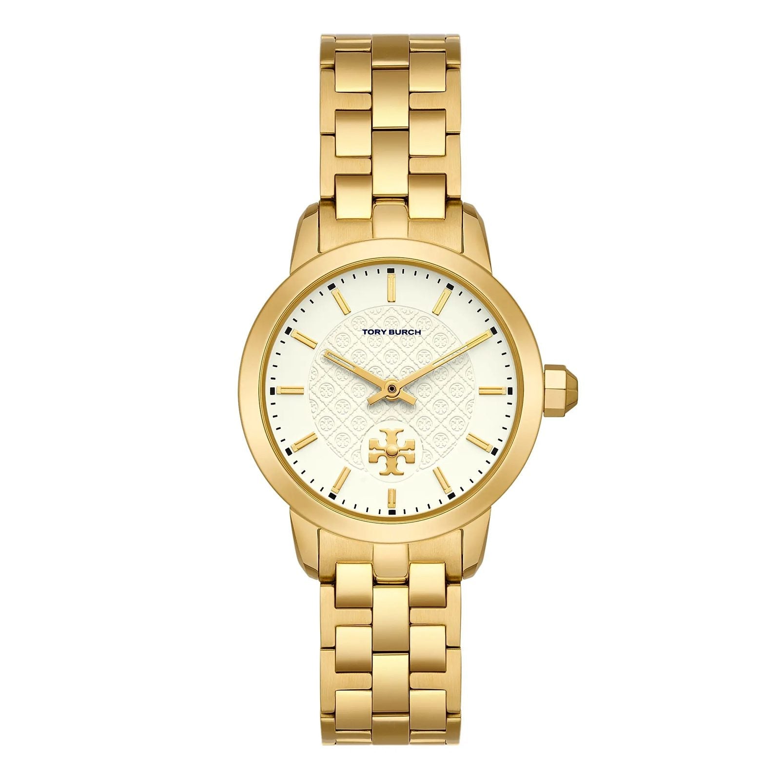 Tory Burch TBW1053 gold watch with beige pattern dial and gold stainless steel bracelet