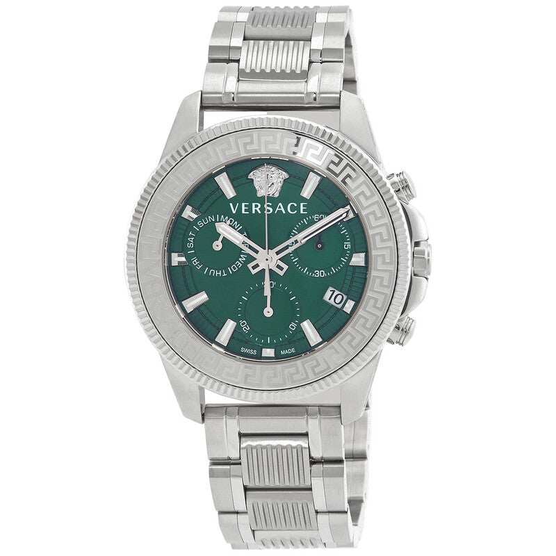 Versace men's stainless steel watch with a green dial, featuring the brand's Medusa logo and a silver-tone link bracelet on a white background.