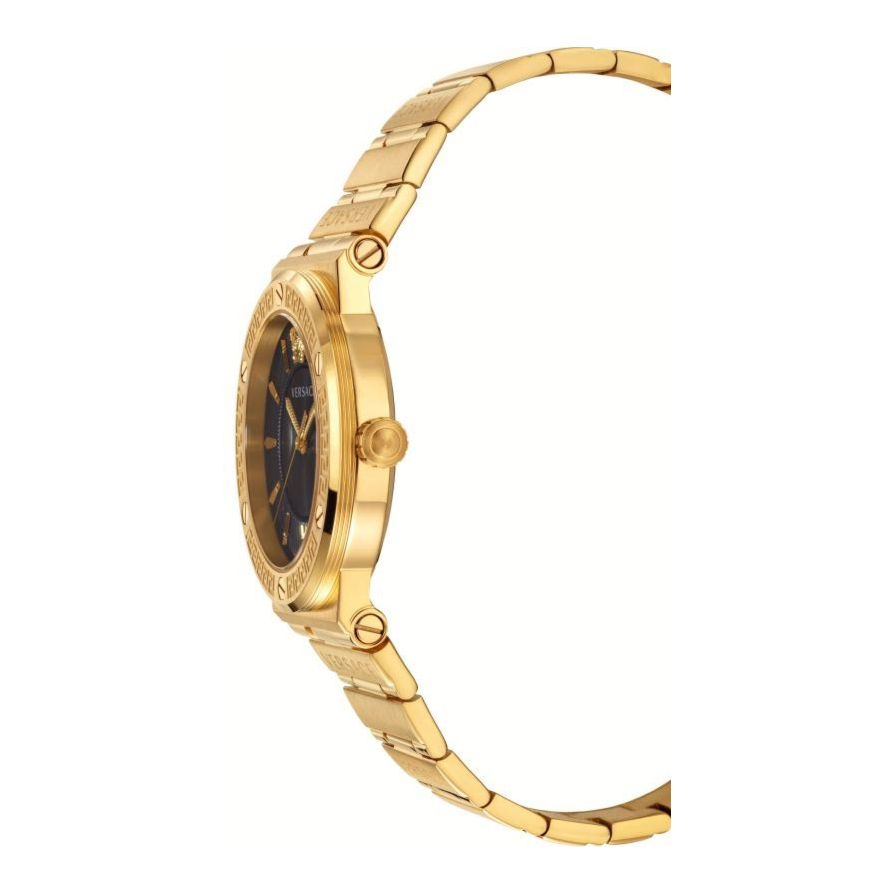 Versace Greca watch side profile showing case thickness and gold steel bracelet