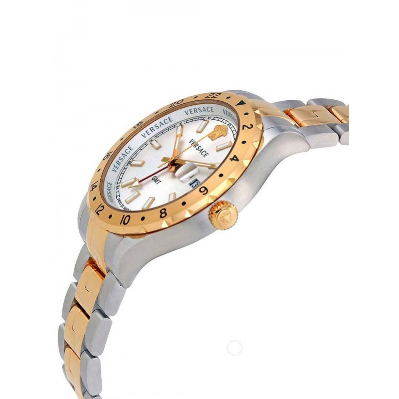 Side profile of Versace Hellenyium two-tone GMT watch with gold crown and mixed metal bracelet