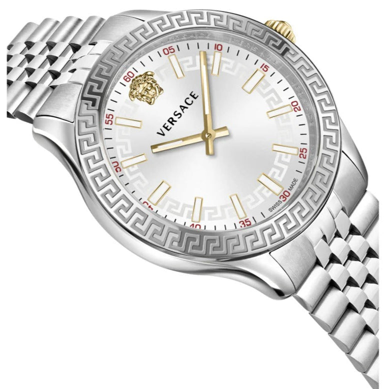 Three-quarter view of Versace Hellenyium watch showing dial, case and steel strap