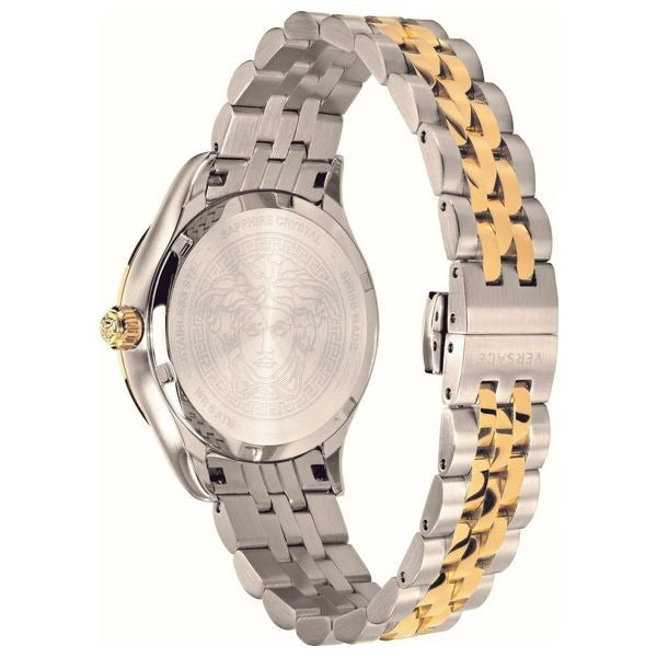 Caseback of Versace Hellenyium watch with two-tone steel and gold bracelet