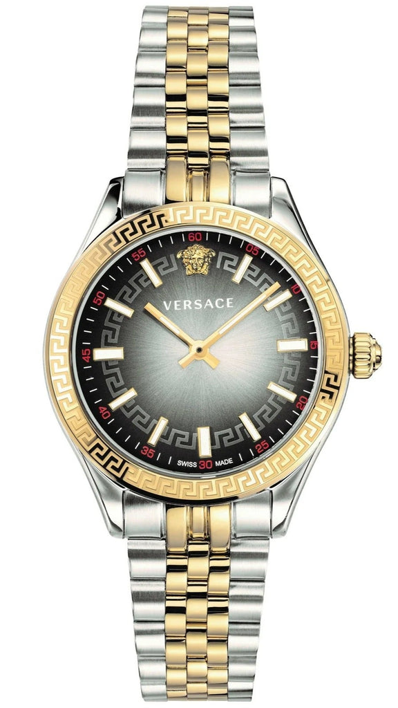 Versace Hellenyium grey dial women's watch with two-tone steel strap and gold bezel
