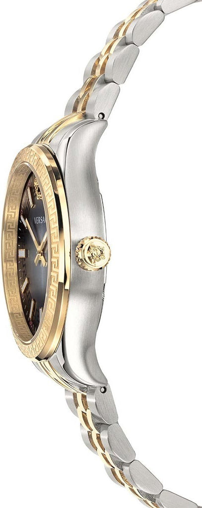 Side profile of Versace Hellenyium watch with grey dial and two-tone strap