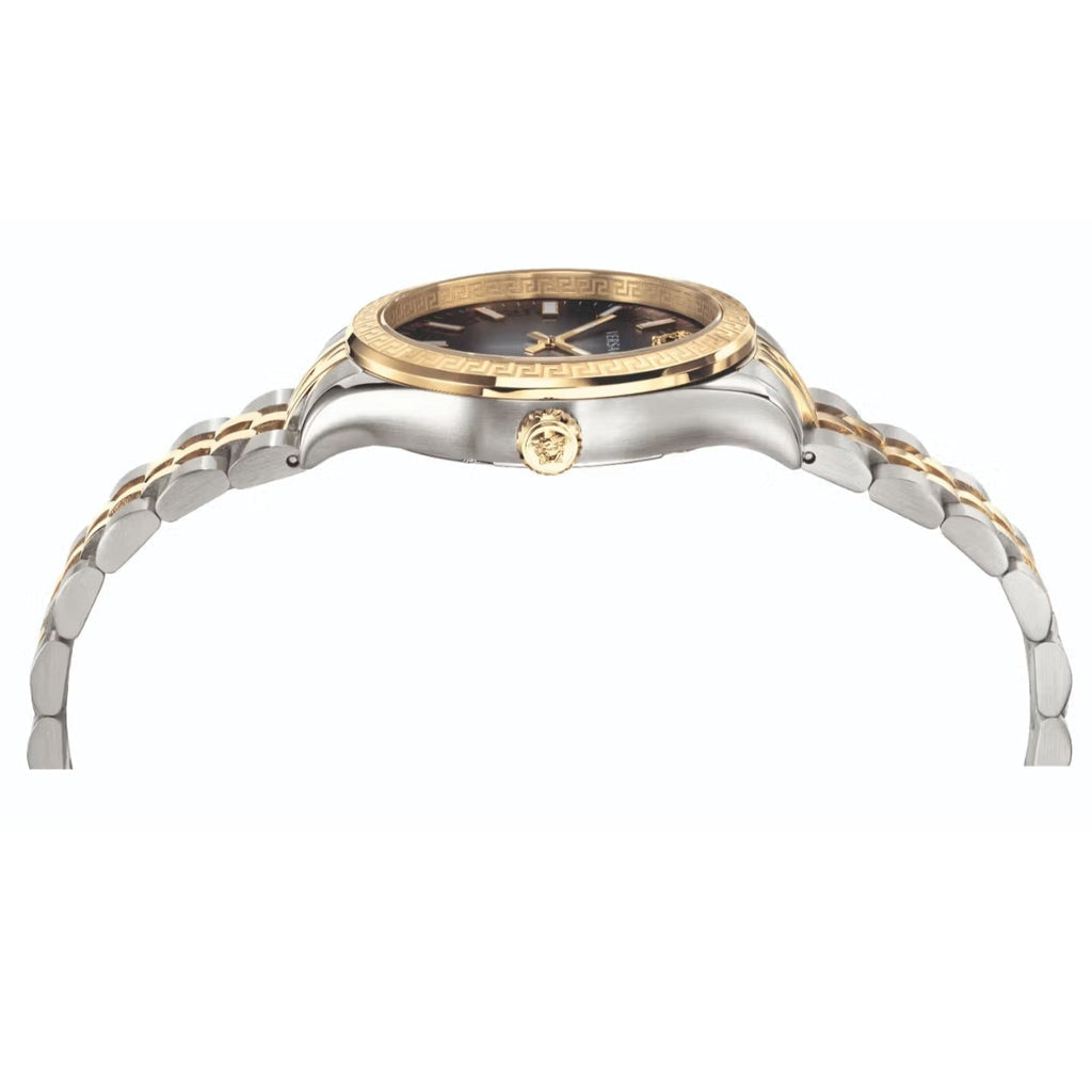 Two-tone steel and gold Versace Hellenyium bracelet detail