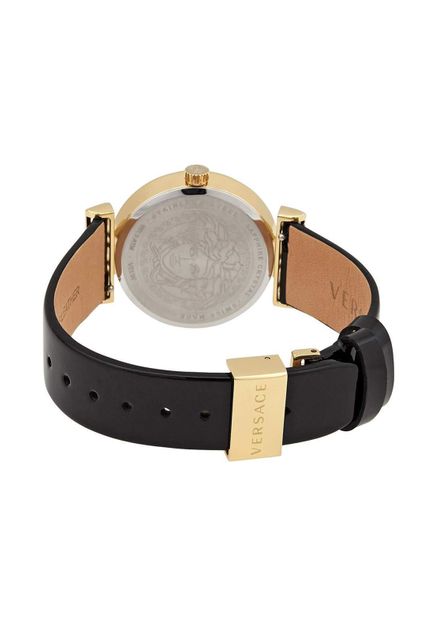 Caseback view of Versace Meander watch with steel caseback, goldtone buckle, and black strap
