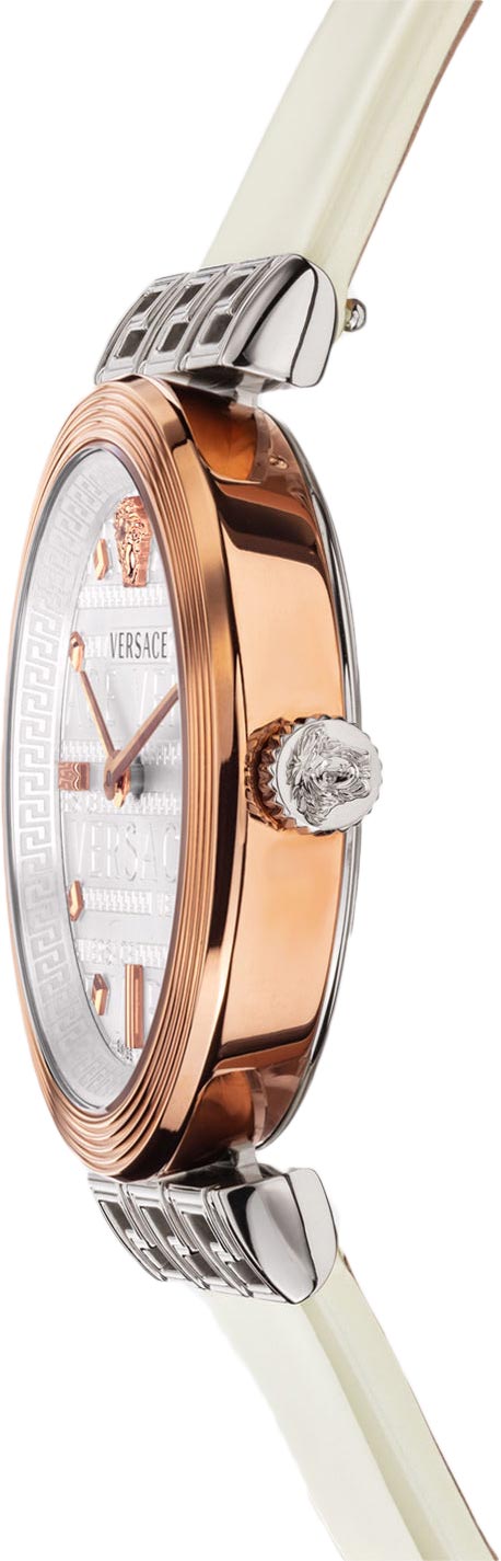 Versace Meander watch side profile showing rose gold case thickness and white leather strap