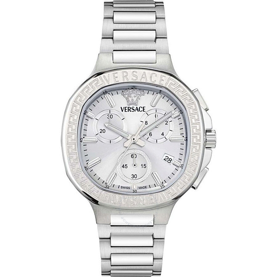 Versace V-Chrono square chronograph watch with white dial and stainless steel bracelet