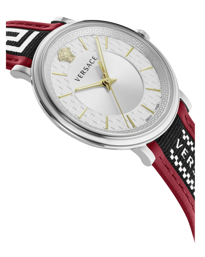Angled view of Versace V Circle watch with burgundy leather strap and Greek key pattern