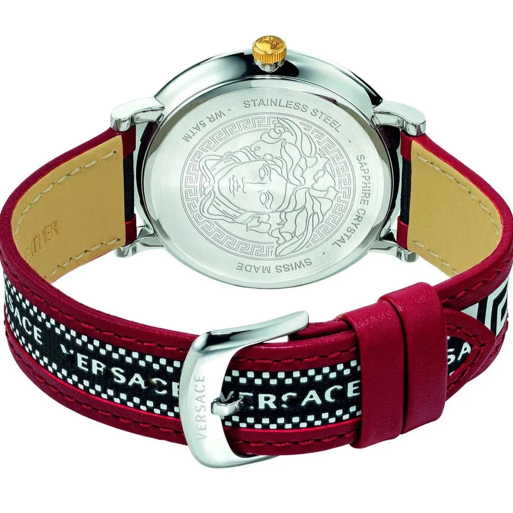 Caseback of Versace V Circle watch showing Medusa medallion and sapphire crystal