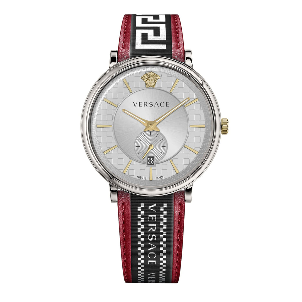 Front view of Versace V Circle watch showing silver dial and two-tone strap design