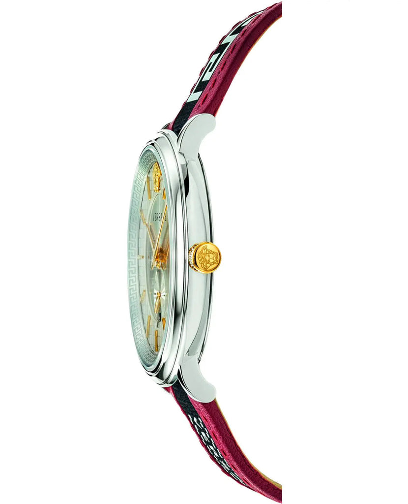 Side profile of Versace V Circle watch showing slim case and leather strap