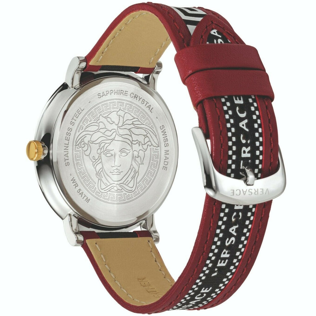 Close-up of Versace V Circle burgundy leather strap with black and white woven Greek key detail