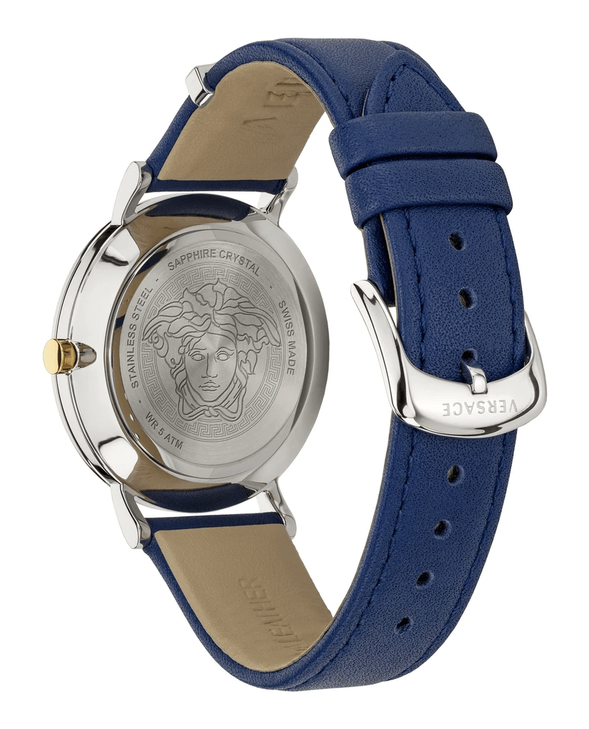 Caseback of Versace V-Circle watch showing Medusa medallion and engraved text on stainless steel