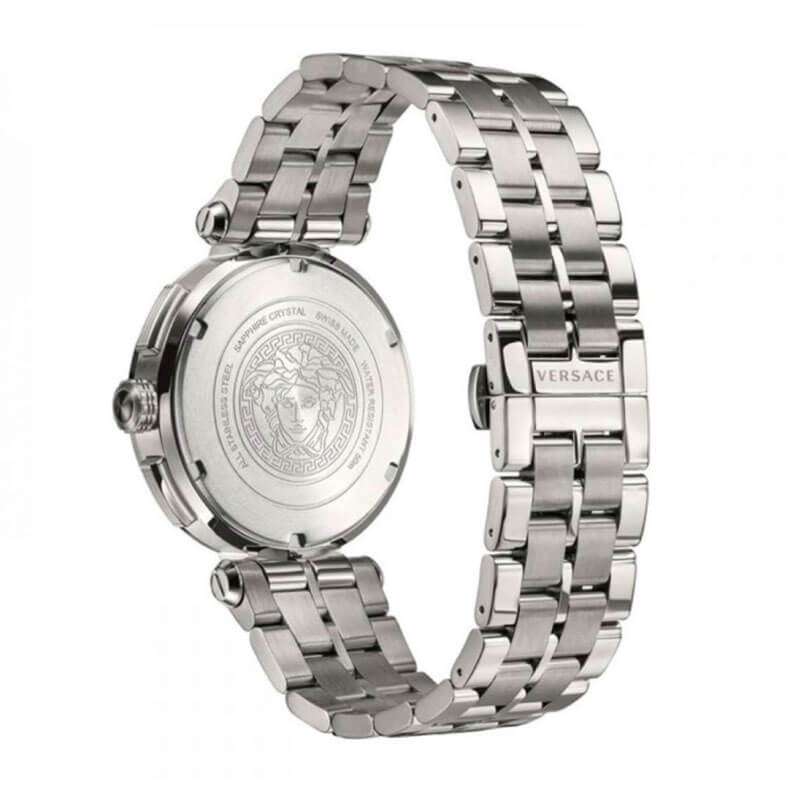 Caseback of Versace V-Racer chronograph silver watch with Medusa medallion and steel bracelet