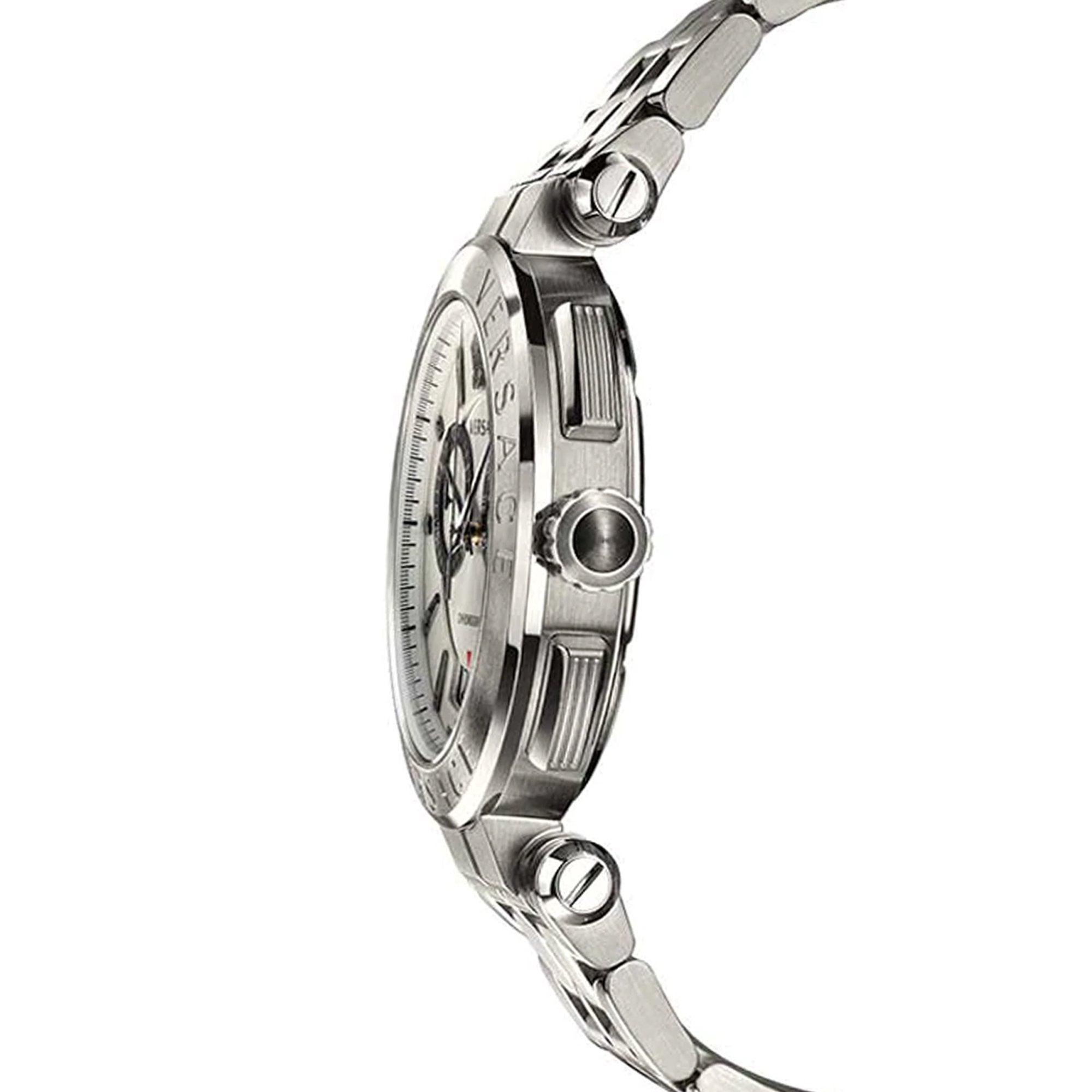 Side profile of Versace V-Racer chronograph silver watch showing case thickness and bezel