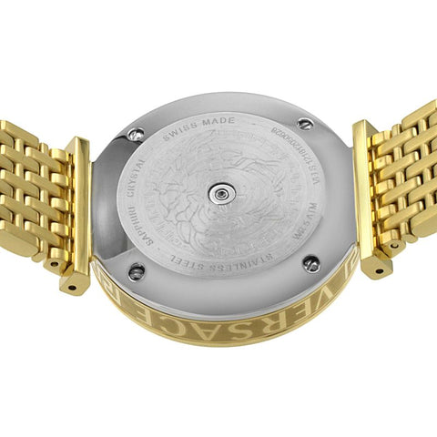 Versace V-Twist watch caseback showing stainless steel with engraved details