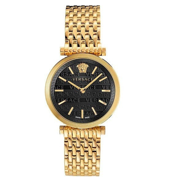 Versace V-Twist watch front view with black dial and gold mesh bracelet