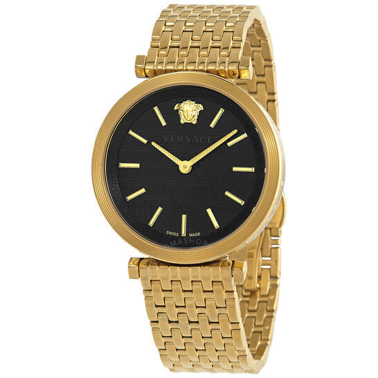 Versace V-Twist watch face with black dial, Medusa logo, and gold-tone case