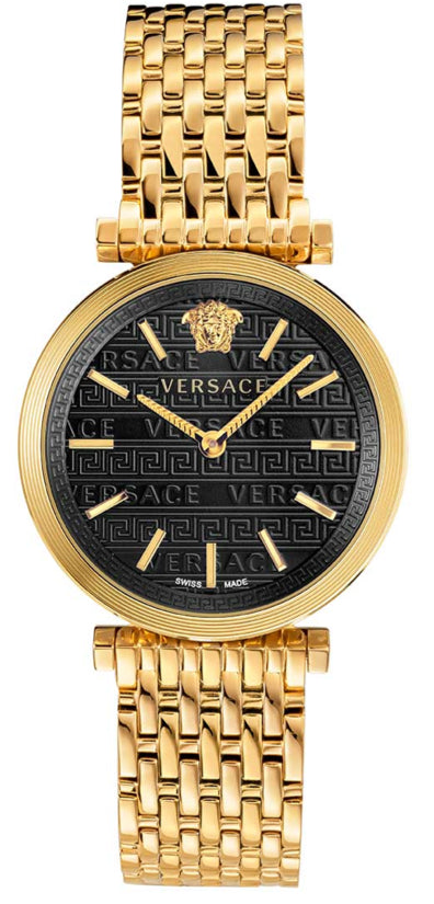 Versace V-Twist women's watch with black dial, gold-tone case, and gold mesh bracelet