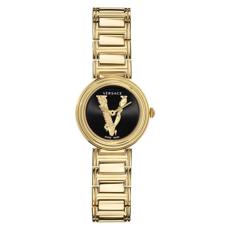 Versace Virtus Mini gold women's watch with black dial, Medusa logo, and gold link bracelet