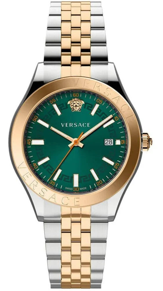 Versace watch with green dial and two-tone gold and silver bracelet on white background