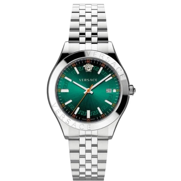 Versace men's stainless steel watch featuring a green sunburst dial, silver-tone case, and link bracelet with a date window.