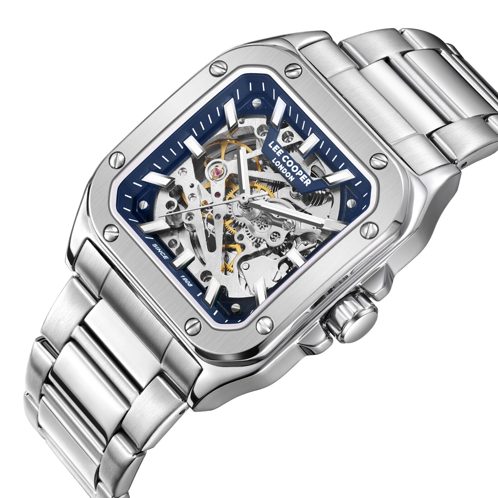 Lee Cooper Edward Automatic Square Case Blue Dial Silver Watch - LC08198.390