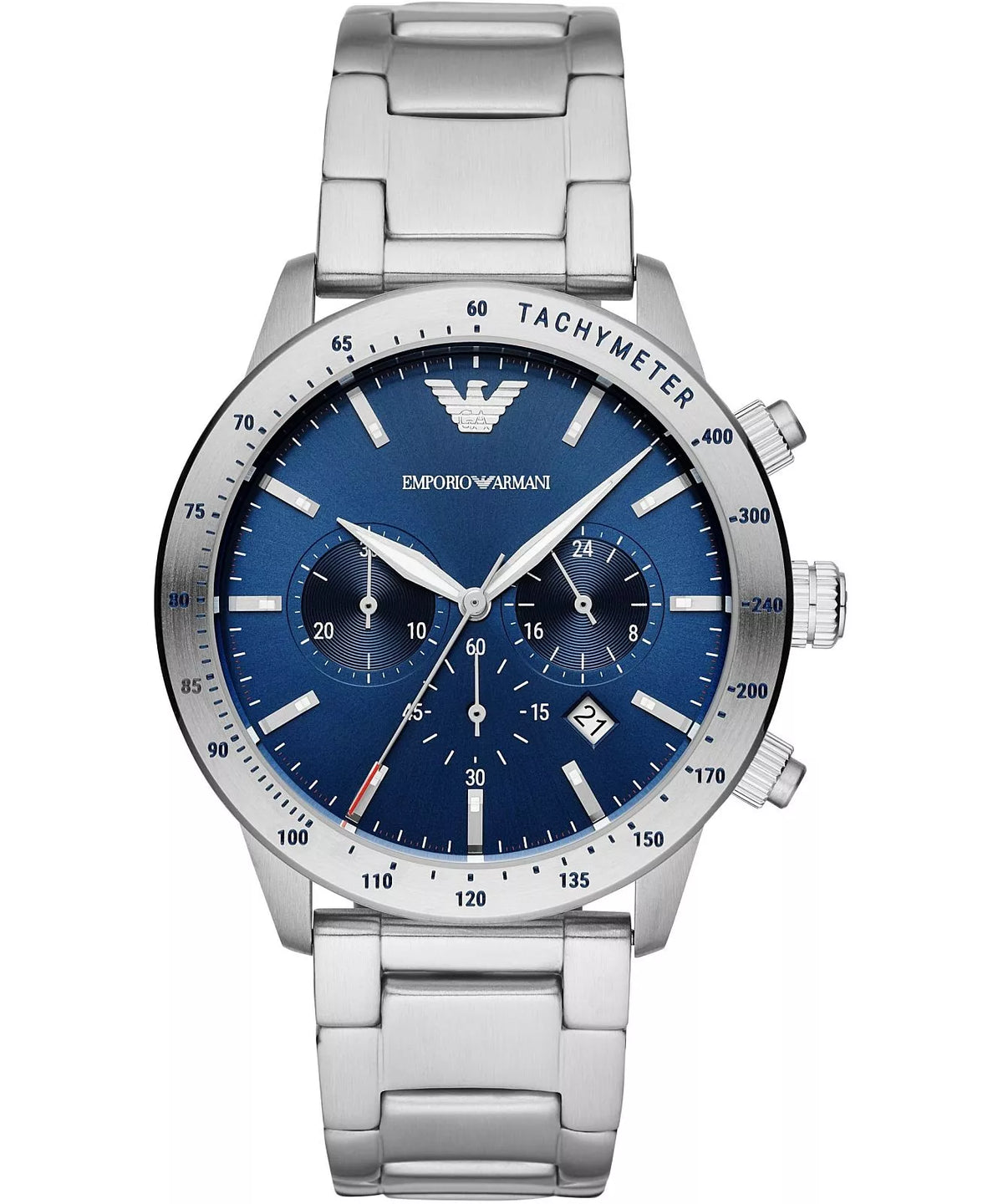 An Emporio Armani men's watch featuring a stainless steel link bracelet, a blue dial with three subdials, and a silver tachymeter bezel.