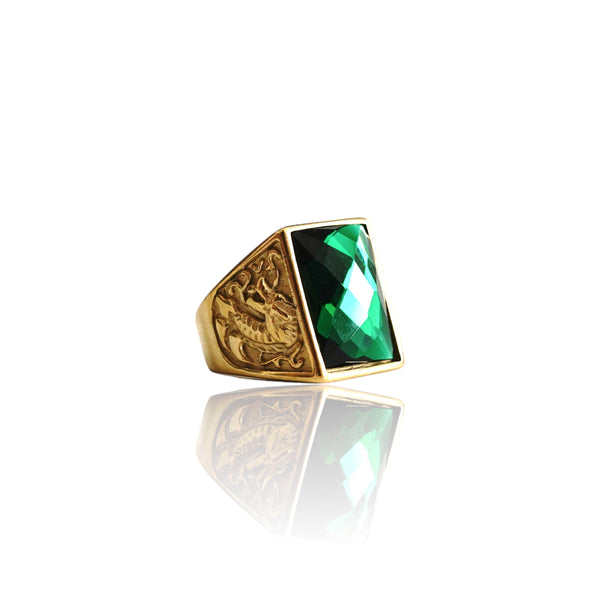 Big Daddy Emerald Green Dragon Engraved Gold Ring